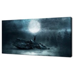 Blaue Nachtlandschaft Rehe bei Mondschein Modernes Design Dekor Leinwand Wand Kunst Bild