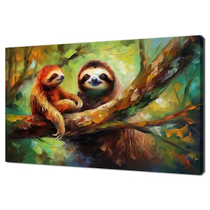 Colourful Sloth And Baby On The Tree Branch Painting Modern Design Home Decor Canvas Print Wall Art Picture