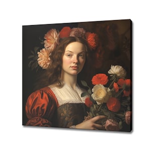 Da Vinci-stijl bloemen vrouwenhoofd canvasafdruk, rococobloemen muurkunst, Shabby Chick muurdecoratie, bloemenvrouw kunst, vrouwelijk bloemenportret