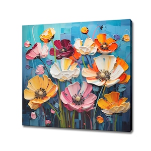 Boeket kleurrijke boterbloembloemen, olieverfschilderijstijl canvasafdruk muurkunst, modern bloemdessin huisdecor, botanische bloem kunst aan de muur