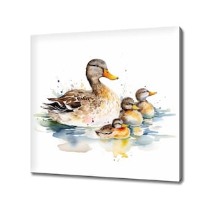 Ducks Family Print Art, Cute Yellow Ducklings, Watercolour Painting Style Art, Modern Design Home Decor Canvas Print, Kids Nursery Wall Art