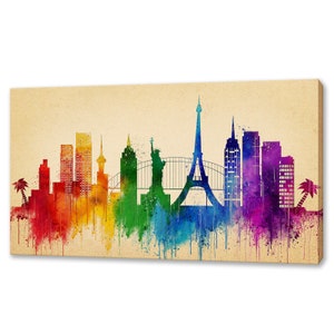 Las Vegas Colourful Skyline Landmarks Watercolour Painting Style Modern Design Home Office Decor Canvas Print Wall Art Picture