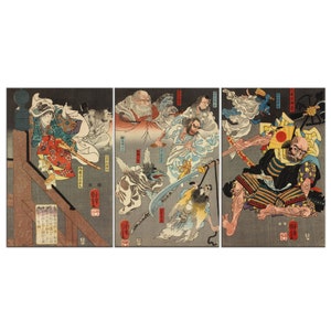 Ushiwakamaru Yoshitsune Fighting Benkei Utagawa Kuniyoshi 3 Panels Modern Canvas Print Wall Art Home Decor