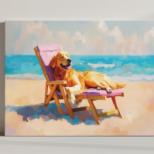 Uroczy złoty retriever na krześle plażowym wydruk na płótnie, uroczy dziwaczny kapryśny obraz sztuki, prezent dla miłośnika psów, dekoracja baru w stylu retro koktajlowym