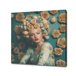 Teal oranje bloemen vrouw hoofd canvasafdruk, rococo bloemen kunst aan de muur, Shabby Chick muur decor, bloemen vrouw kunst, vrouwelijk bloemen portret