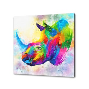Colourful Rhinoceros Watercolour Canvas Wall Art Picture Print Wall Hanging Pet Home Decor Handmade Ready To Hang