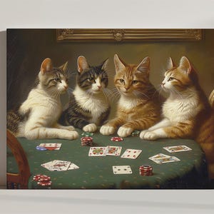Koty Grające Karty Poker Płótno Wydruk, Zabawny Kot Sztuka Wydruku, Prezent Dla Miłośnika Kotów, Zwierzę Domowe Retro Kot Ścienna Sztuka, Fantazyjny Dekoracja Ścienna