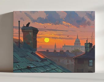 May include: A black cat sits on a rooftop overlooking a city skyline at sunset. The sun is setting behind a large building with a dome, and the sky is a mix of orange, pink, and purple.