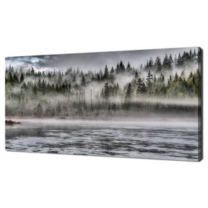 Lakeside Foggy Misty Morning Forest Modern Design Home Decor Canvas Print Wall Art Picture