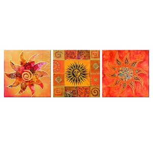 Orange Yellow Sun Collage Painting Ornaments 3 Panels Modern Design Home Decor Canvas Print Wall Art Picture