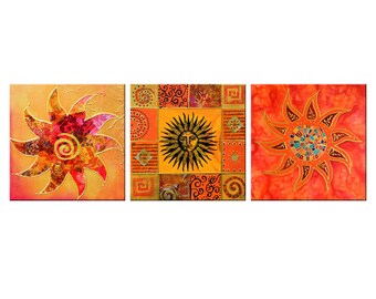 Cuadro decorativo de collage de sol naranja y amarillo, 3 paneles, diseño moderno, decoración del hogar, impresión en lienzo, arte de pared.