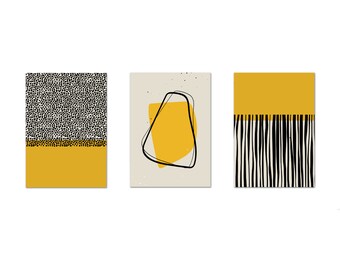 Mustard Yellow Abstract Art Prints, Nordic Wall Decor, Mid Century Prints, Minimalist Modern Art, Set Of 3 Prints Modern Canvas Print