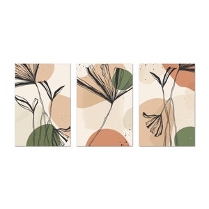 Neutral Botanical Plants Art, Boho Minimalist Prints, Terracotta Green Beige Leaves Set Of 3 Prints Modern Canvas Print Wall Art Home Decor