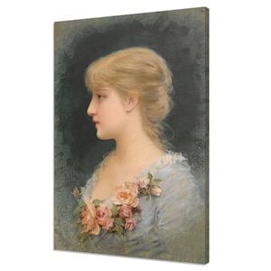 Portrait Of A Blond Girl With Flowers (1882), Vintage Painting Canvas Print, Antique Female Portrait Fine Art, Victorian Oil Paint Print