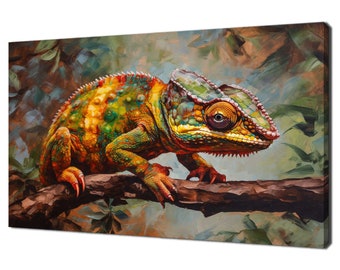 Colourful Chameleon Sitting On The Tree Branch Animal Modern Painting Design Home Decor Canvas Print Wall Art Picture