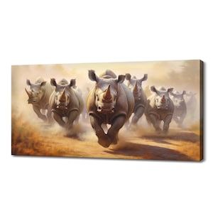 Running Rhinoceros Family Canvas Print, Wildlife Inspired Art, Enchanting Animals Canvas Wall Art, Wildlife Home Decor, Rhino Picture Print