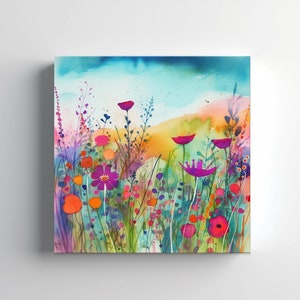 Rainbow Colourful Abstract Wildlowers Meadow Watercolour Painting Style Canvas Print, Modern Floral Design Home Decor, Flower Wall Art