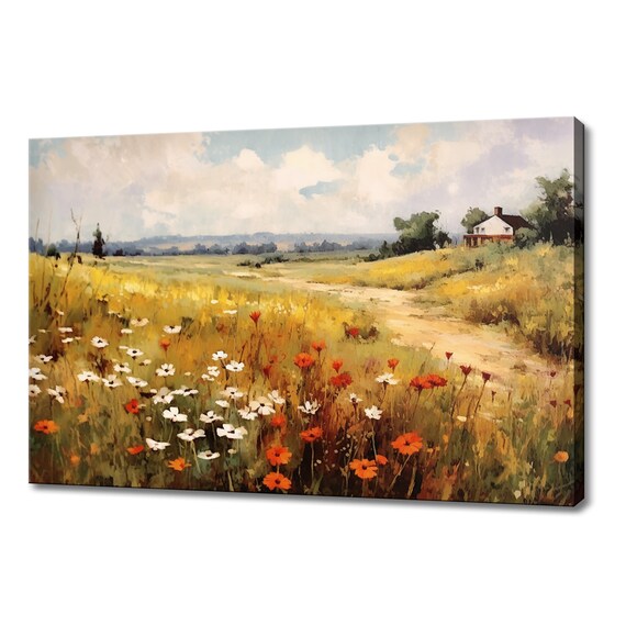 Tableau Toile Décorative "Route En Automne" - Peinture Vintage Champs Fleuris - Fabriqué Au Royaume-Uni