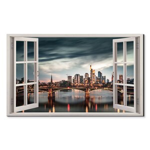Frankfurt Am Main Skyline Window View, Window Frame Style Modern Design Home Decor Canvas Print Wall Art Picture Ready To Hang