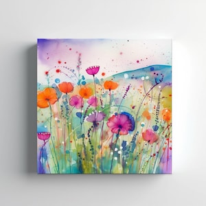 Bright Colourful Abstract Wildlowers Meadow Field Watercolour Painting Style Canvas Print, Modern Floral Design Home Decor, Flower Wall Art