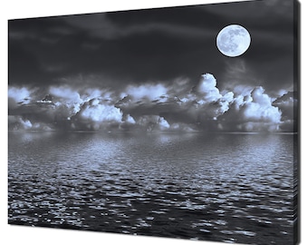 Stormy Night Sky Seascape At Moonlight Modern Design Home Decor Canvas Print Wall Art Picture Wall Hanging