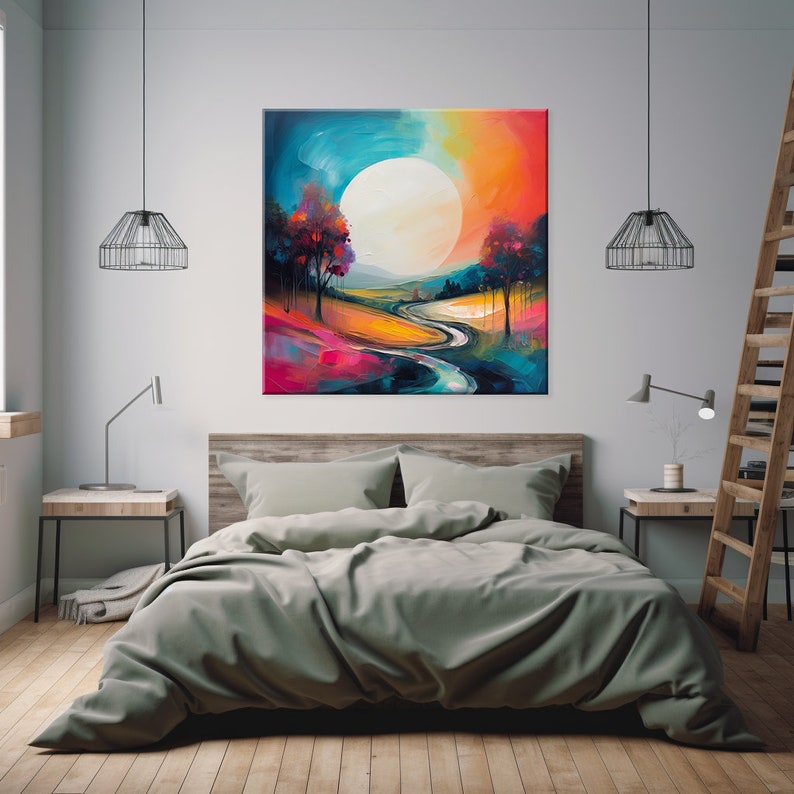 Colourful Abstract Moon Above the Country Road Landscape Painting Style ...