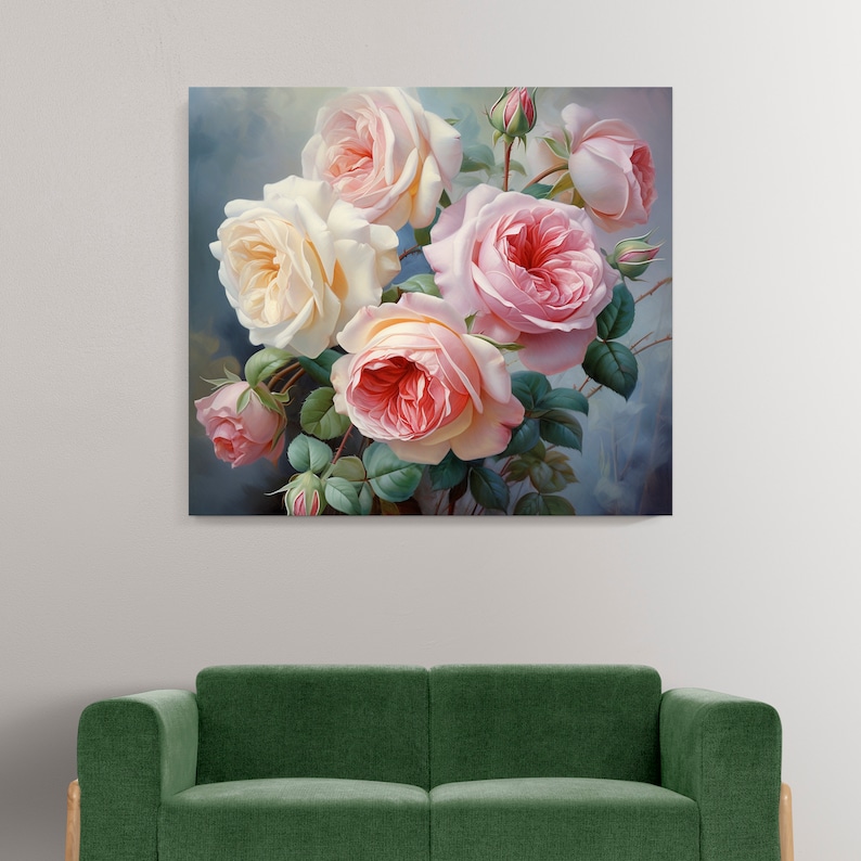 Pink White Rose Flowers Bouquet Canvas Print Wall Art, Modern Floral ...