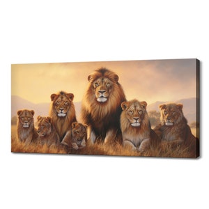Lion Family At Sunset Canvas Print, Wild Cats Inspired Art, Enchanting Animals Wall Art, Wildlife Home Decor, Majestic Animals Picture Print