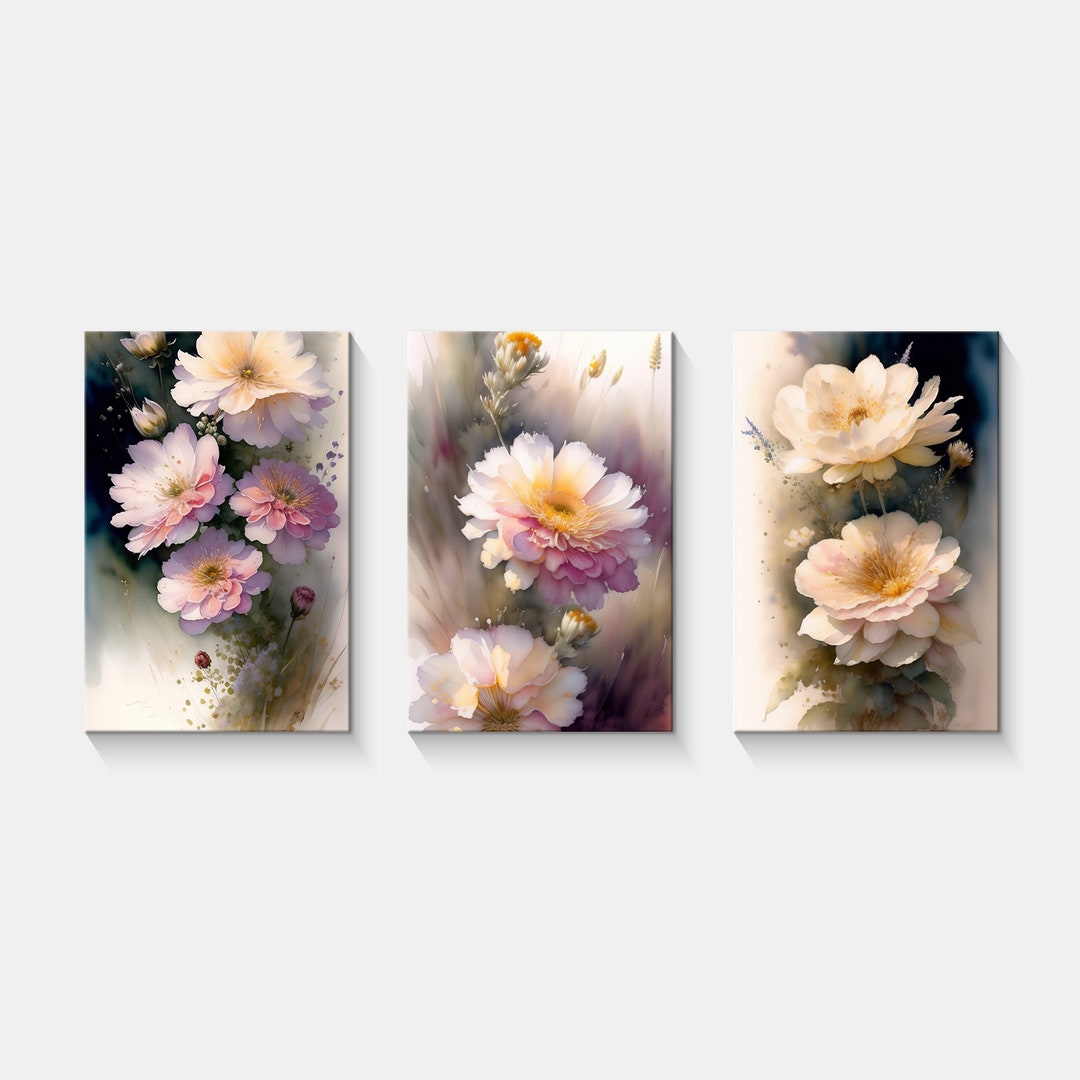 Beautiful Pastel Colourful Pink Yellow Flowers Set of 3 Panels Modern ...