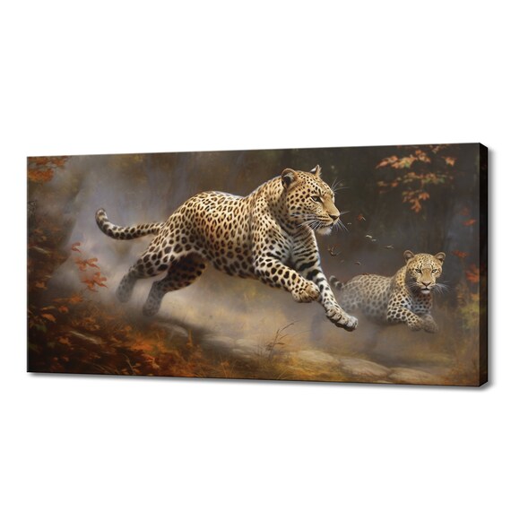Running Leopard Couple Canvas Print, Wildlife Inspired Art