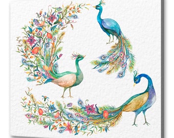 Colourful Peacock Birds Watercolour Painting Style Modern Design Home Decor Canvas Print Wall Art Picture