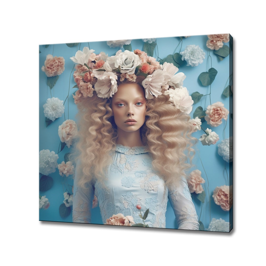 Powder Blue Peach Flowers Woman Head Canvas Print, Rococo Flowers Art ...