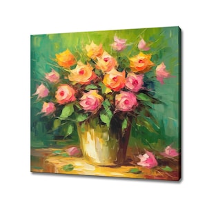 Bouquet Of Pink Orange Roses Flowers, Oil Painting Style Canvas Print Wall Art, Modern Floral Design Home Decor, Botanical Flowers Wall Art
