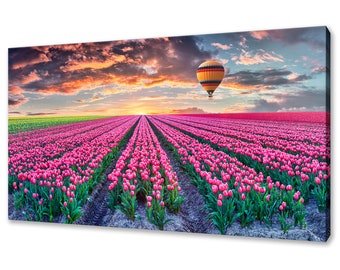 Pink Colourful Tulips Flowers Fields Hot Air Balloon Modern Design Home Decor Canvas Print Wall Art Picture