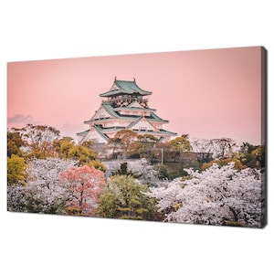Japanese Osaka Castle At Sunset Pink Cherry Blossom Trees Modern Design Canvas Print Wall Art Picture