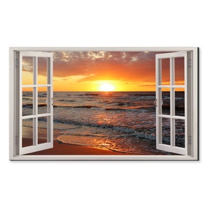 Sunset Sea Beach Seascape Window View, Window Frame Style Modern Design Home Decor Canvas Print Wall Art Picture Ready To Hang