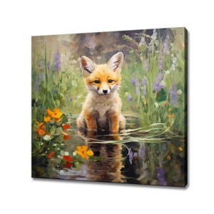 Niedlicher Baby Fuchs sitzen am Teich Tier Leinwanddruck, Geschenk für Fuchs-Liebhaber, Bunter Fuchs Porträt Druck, Fuchs Haustier Wandkunst