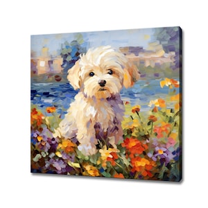 May include: A white fluffy dog with a brown nose sits in a field of colourful flowers. The dog is looking directly at the viewer. The background is a blurred image of a blue lake and green trees.