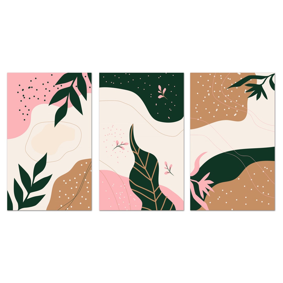 Abstract Art Prints, Botanical Leaves Wall Art, Pink Brown Green Set of ...