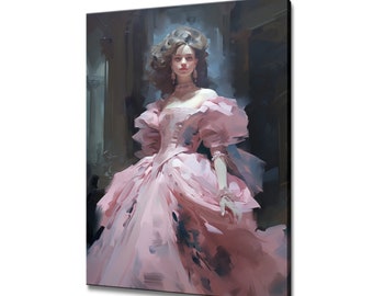 Elegant Lady In Pink Victorian Baroque Puffy Dress Painting Style Canvas Print, Modern Design Home Decor, Fashion Wall Art, Gift For Her