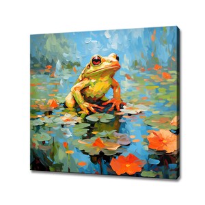 Cute Frog In The Pond Canvas Print, Gift For Frog Lover, Colourful Frog Portrait Painting Print, Frog Wall Art Modern Decor