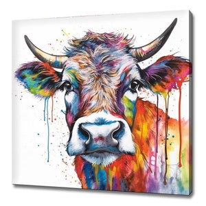 Colourful Highland Scottish Cattle Cow, Watercolour Painting Style Animal, Canvas Print Wall Art, Kids Nursery Prints, Farm Animal Art