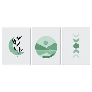 Abstract Boho Green Geometric Minimalist Mountains Landscapes Moon Phases Floral, Set Of 3 Prints, Modern Canvas Print Wall Art Picture