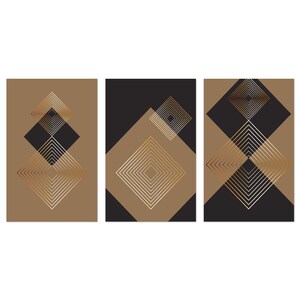Abstract Wall Art Prints, Brown Gold Black Abstract Geometric Pattern Art, Set Of 3 Panels Prints Modern Canvas Print Wall Art Home Decor