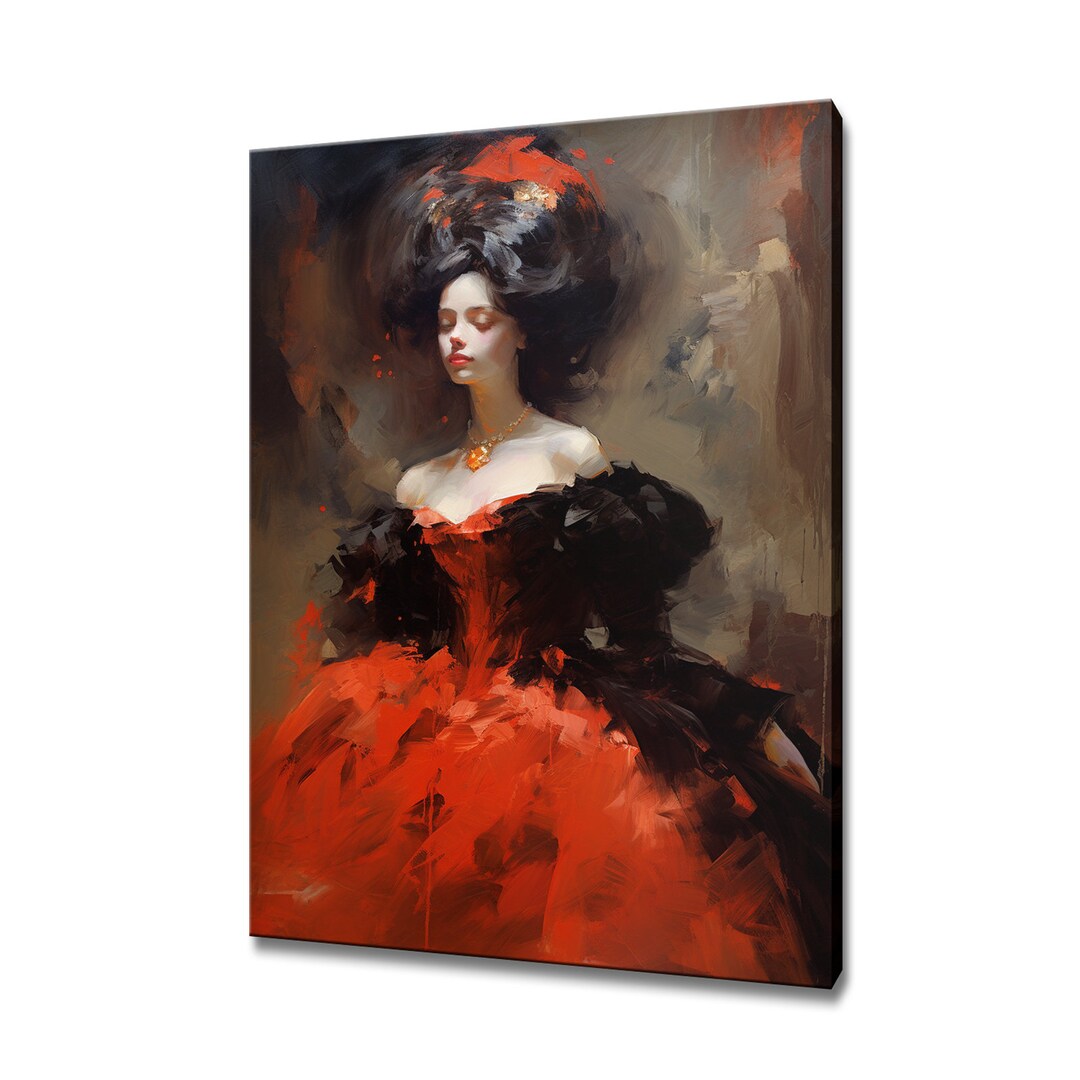 Elegant Lady in Red Victorian Baroque Puffy Dress Painting Style Canvas ...