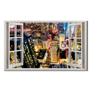 Bunte New York City Nacht Lichter Fenster Ansicht, Fenster Rahmen Stil Modernes Design Wohnkultur Leinwand Druck Wand Kunst Bild fertig zum Aufhängen
