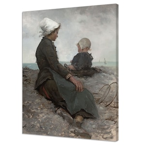 Aan de kust (1886) Anna Bilinska Bohdanowicz-reproductie, vintage olieverfschilderij canvasafdruk, antiek portret, vrouw kind aan zee
