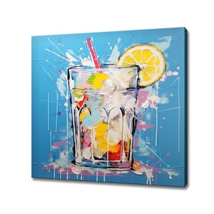 Gin Fizz With Ice And Lemon Alcoholic Drink Watercolour Canvas Print, Kitchen Modern Art, Home Restaurant Bar Decor Picture Wall Hanging