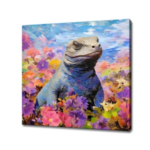 Komodo Dragon In Colourful Flowers Field Canvas Print, Gift For Komodo Dragon Lover, Komodo Dragon Portrait Painting Print Wall Art