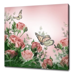 Beautiful Bouquet Of Delicate Pink Peach Roses Flowers And Butterfly Modern Design Home Decor Canvas Print Wall Art Picture Wall Hanging